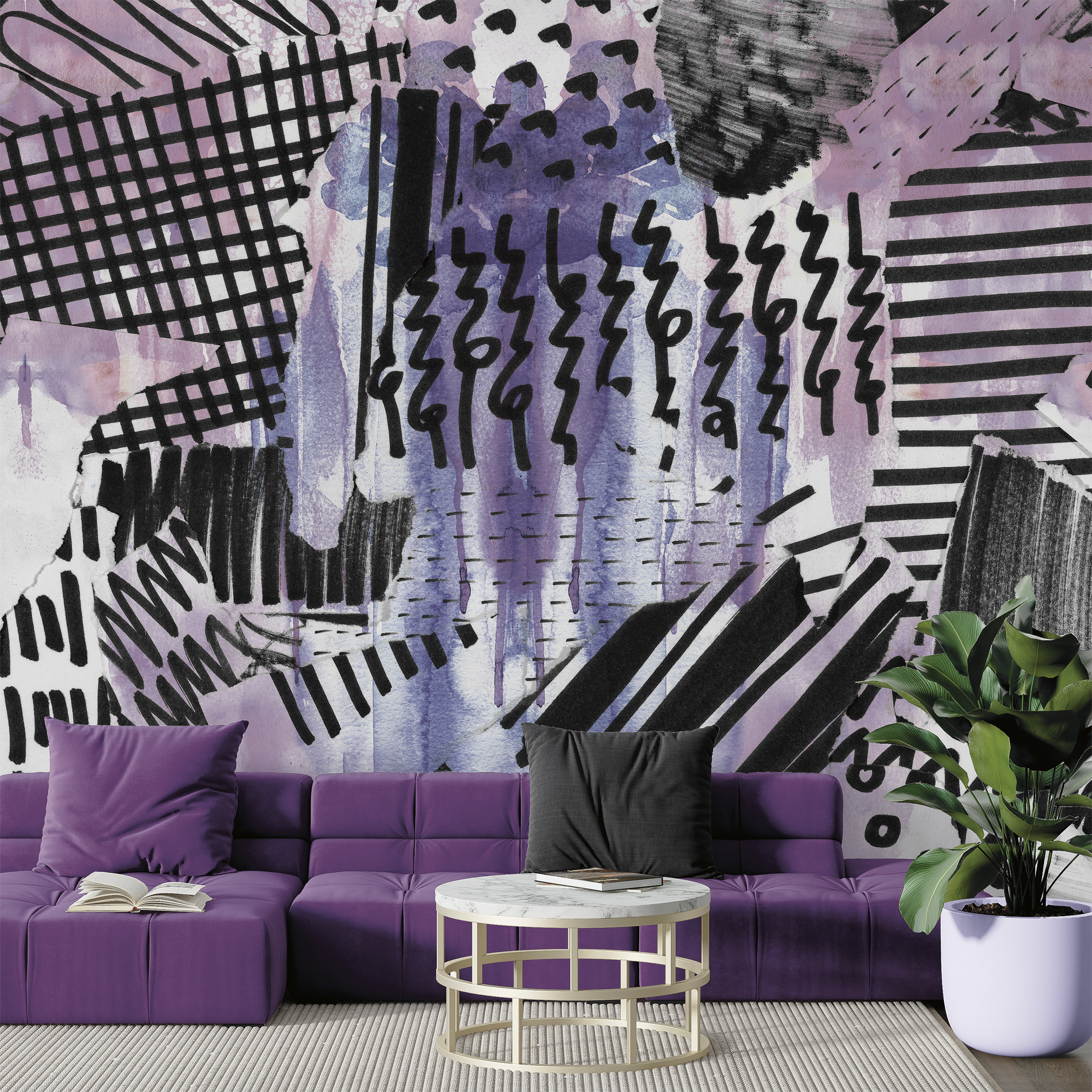 Custom digitally printed wallcovering installed in a designed interior room